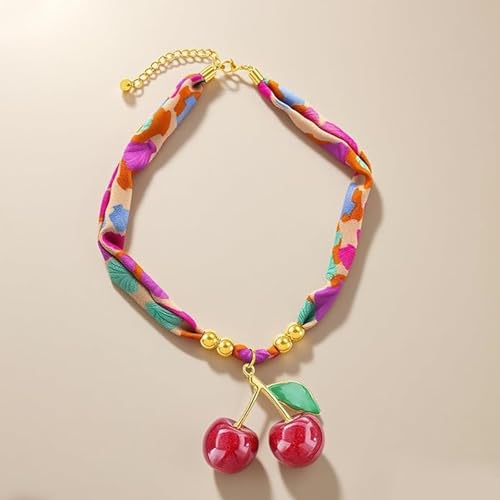 Scarf Necklace with Charm Gold Starfish Chunky Cross Heart Flower Pendants Bandana Charm Necklace Western Scarf for Women Boho Cowgirl Country Cowboy Accessories Beach Vacation Vacation Outfits Jewelry - color: C7-Scarf Necklace With Cherry Charm