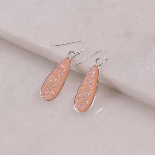Teardrop Dangle Earrings for Women with Simulated Druzy Stones, in Gold or Rose Gold Tone - color: Silver - Created Rose Quartz