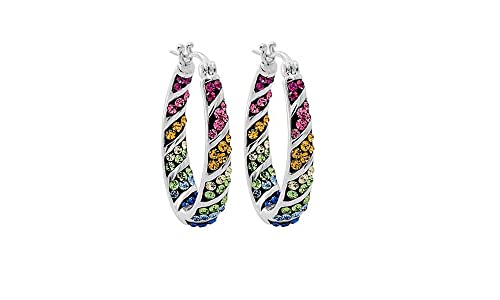 Savlano 14K Gold Plated Inside Out Multicolor Rainbow Crystal Hoop Earrings For Women Comes With Gift Box - color: White Gold