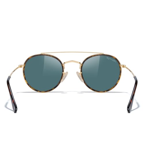 MERRY'S Retro Round Polarized Sunglasses - Unisex Double Bridge Sun Glasses - color: Leopard Frame/Gold Bridge/Pink Mirror Lens