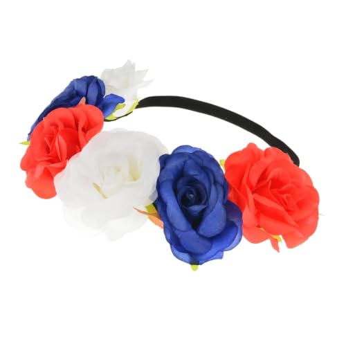 BOHO Floral Crown Rose Flower Headband Hair Wreath (Red Blue White Elastic Ribbon) - color: Red Blue White Elastic Ribbon