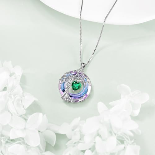 POPLYKE Mothers Day Gifts for Mom Her Wife Tree of Life Necklace 925 Sterling Silver Birthstone Pendant with Crystal Anniversary Birthday Wedding Jewelry for Women - color: 05-May-Emerald, style: White Gold Plated-Amethyst Crystal