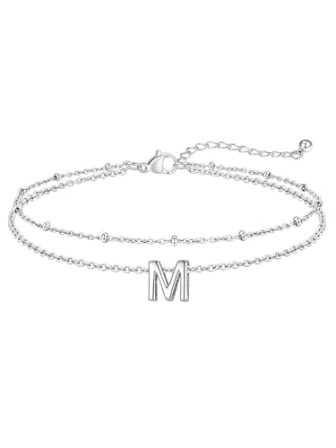 FaithHeart Initial Ankle Bracelets for Women, Waterproof 14k Gold Plated Initial Anklets Non Tarnish Stainless Steel Cute Layered Anklet Summer Beach Jewelry - color: Silver, size: Initial M