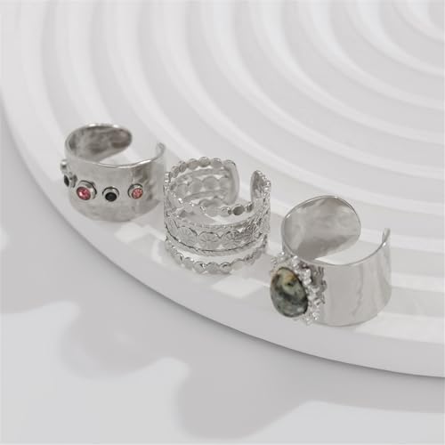 3Pcs Chunky Statement Ring Set for Women,Stackable Wide Band Rings Vintage Shiny Crystal Adjustable Finger Rings Statement Aesthetic Ring Pack - color: Silver
