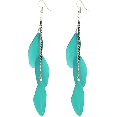 coadipress Boho Piercing Tassel Feather Long Chain Earrings Retro Lightweight Native Feather Dangle Drop Earrings for Women Bohemian Handmade Natural Feathers Earring Jewelry - color: Gem Green