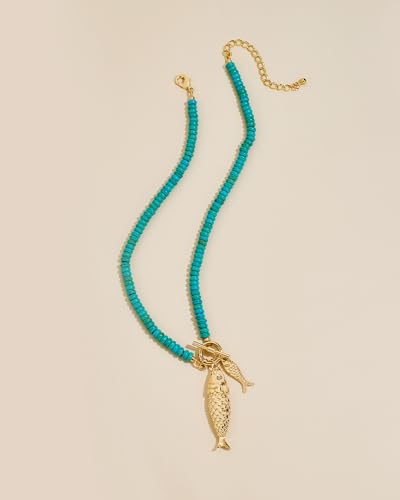 Gold Fish Necklace For Women Blued Beaded Strand Toggle Necklace With Gold Fish Pendants Dainty Summer Beach Turquoise Jewelry - style: Chubby Fish