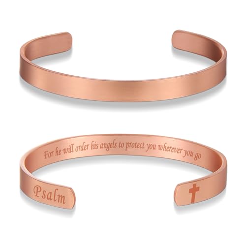 MagEnergy Cross Copper Bracelet for Men Women Engraved Quote Religious Cuff Bracelet Solid Copper Faith Christian Bible Verse Quotes - style: Psalm 91:11