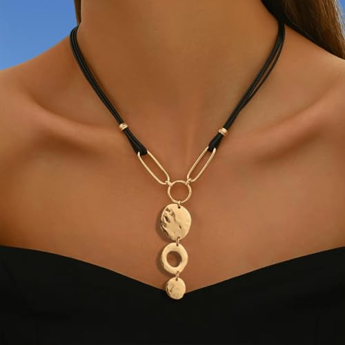 Trendy Retro 14k Gold Round Coin Disc Black Rope Necklace for Women, Vintage Chunky Long Coins Paperclip Drop Y Necklaces Prom Y2k Party Jewelry Gifts