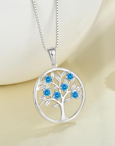 Tree of Life Necklace for Women - Solid 925 Sterling Silver 18K White Gold Plated Birthstone Pendant Jewelry - color: 03-Mar._Aquamarine