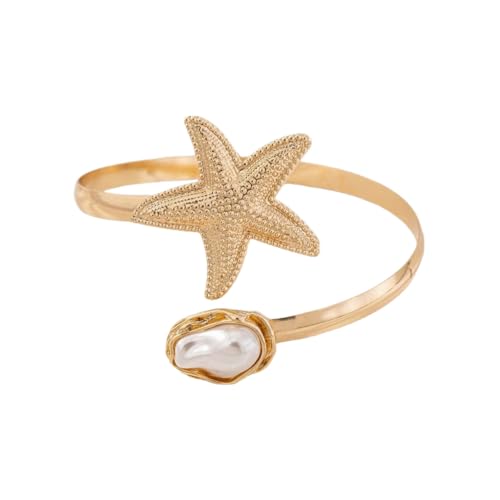 Vivian&CD 14K Gold Plated Starfish Arm Cuff for Women, Adjustable Upper Arm Bracelet Boho Beachy Statement Jewelry Summer Ocean-Themed Armband for Parties & Vacations - style: Peal