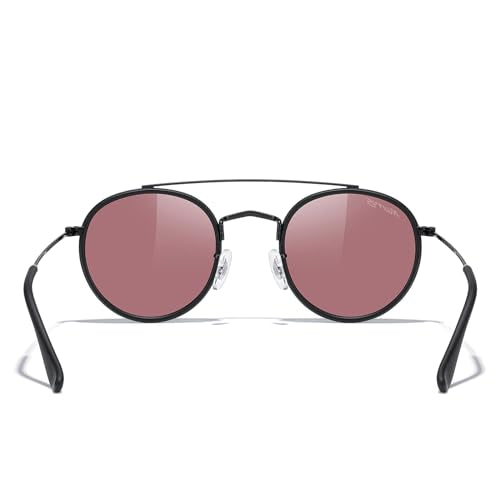 MERRY'S Retro Round Polarized Sunglasses - Unisex Double Bridge Sun Glasses - color: Matte Black Frame/Matte Black Bridge/Red Lens