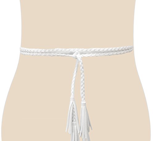 TeeYee Women Girls Multi Colors Braided Waist Tie Belt/Rope/Chain with Tassel Fringe Wrap Cloth Belts for Ladies Dress Pants - color: White