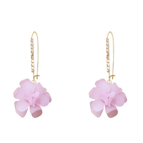 Boho Flower Dangle Earrings for Women Long Drop Resin Acrylic Tiered Petal Statement Earrings Handmade Lightweight Vintage Floral Chunky Drop Jewelry - color: Pink