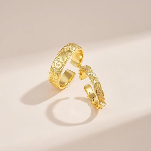 KissYan Adjustable Open Ring for Women, 14K Gold Plated Vintage Statement Leaf Pattern Band Ring with CZ, Dainty Trendy Jewelry Gift - style: Style1