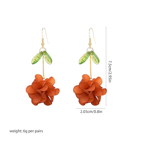 Resin Flower Cluster Ball Dangle Drop Earrings for Women Spring Summer Bohemian Floral Petal with Green Leaf Earrings Vacation Party Jewelry - color: Brown