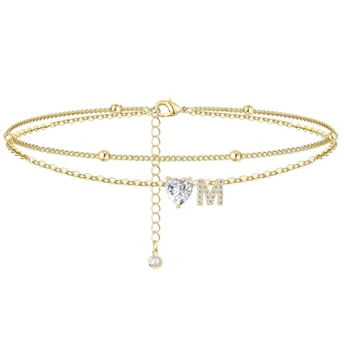 Ankle Bracelets for Women Waterproof 14K Gold Plated CZ Initial Anklet for Women Dainty Layered Letter Heart Ankle Bracelets Handmade Adjustable Foot Chain Anklet Summer Beach Jewelry - color: gold M
