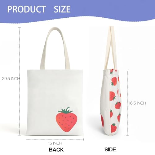 1-PACK Cute Strawberry Print Canvas Tote Bag, Reusable Grocery Bag with Magnetic Snap Closure & Inner Zipper Pocket, Aesthetic Gift for Women - color: A1-strawberry 1 Pack