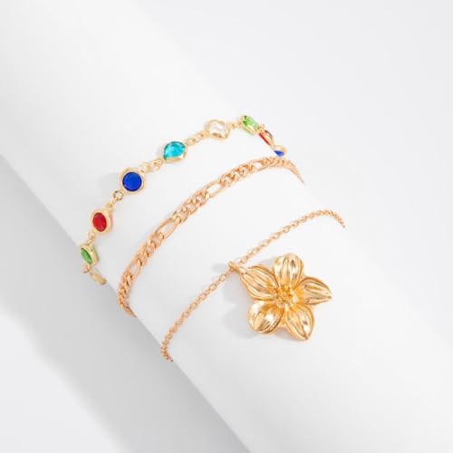 Fashion Layered Flower Charm Anklet for Women Golden Cuban Link Chain Tassel Waterproof Ankle Bracelet Adjustable Beach Vacation Foot Jewelry Summer Accessories - color: Gold