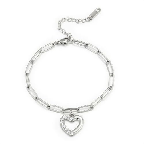 Emibele Heart Charm Bracelet for Women, Bible Verse Bracelet Stainless Steel 18K Gold Plated Bracelet Love Pendant Link Chain OT Clasp, Birthday Christmas Jewelry Gift for Mother Her - color: Silver Heart Charm