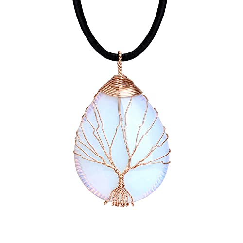 7 Chakra Gemstone Healing Crystals Necklace - Copper Wire Wrapped Natural Unisex Hippie Leather Choker - color: 3. Opal