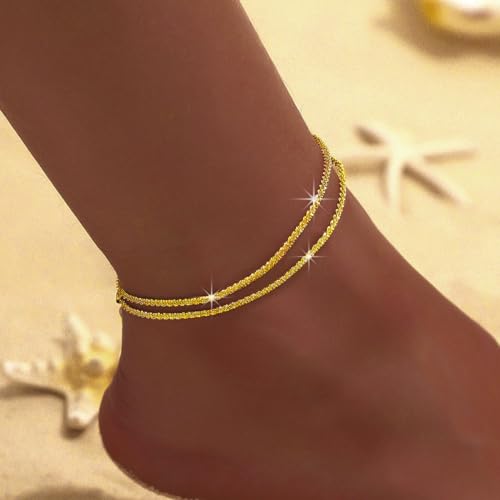 Ankle Bracelets for Women Gold Silver Layered Glitter Anklet for Women Waterproof Beach Cross Anklet Set Dainty Summer Foot Jewelry - color: Gold Layered Anklet