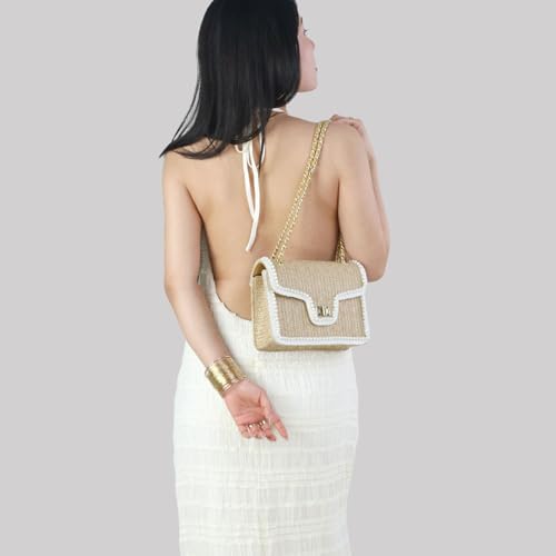 Straw Crossbody Bags for Women,Summer Beach Purse Vacation Shoulder Handbags with Pearl Trim - color: Khaki