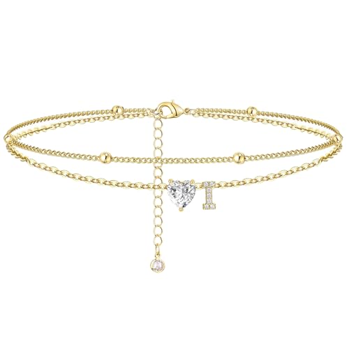 Ankle Bracelets for Women Waterproof 14K Gold Plated CZ Initial Anklet for Women Dainty Layered Letter Heart Ankle Bracelets Handmade Adjustable Foot Chain Anklet Summer Beach Jewelry - color: gold I