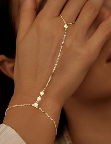 YEEZII Gold Hand Chain Bracelets for Women, 2 Pcs 14k Gold Plated Cubic Zirconia Link Chain Bracelet Set, Trendy ring bracelet hand chain Jewelry for Her - color: Gold-A