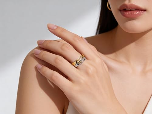 Generation Refined - Silver Gold Stackable Rings, 18K Gold Plated Stainless Steel, Silver and Gold Two Tone, Non Tarnish Multi Ring Mixed Metals Set
