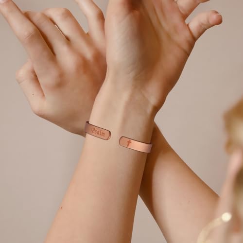 MagEnergy Cross Copper Bracelet for Men Women Engraved Quote Religious Cuff Bracelet Solid Copper Faith Christian Bible Verse Quotes - style: Psalm 91:11