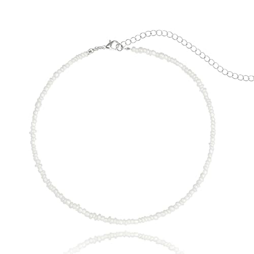 Tgirls Boho Choker Necklace Chain Rice Beaded Necklaces Seed Bead Necklace Accessory for Women - color: White