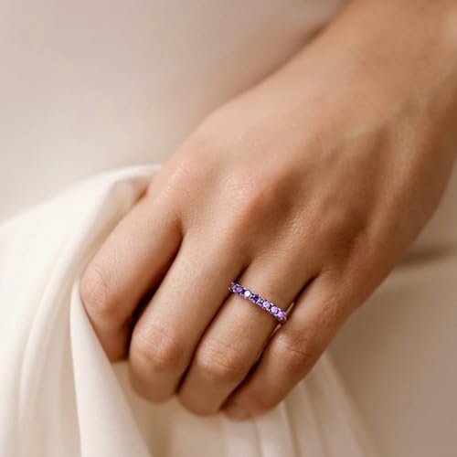 3.5mm Stackable Rings S925 Sterling Silver Created Birthstone & Cubic Zirconia Ring for Women Wedding Bands Anniversary Birthday Jewelry Size 6 to 10(with Box) - color: 02-Created Amethyst-Feb