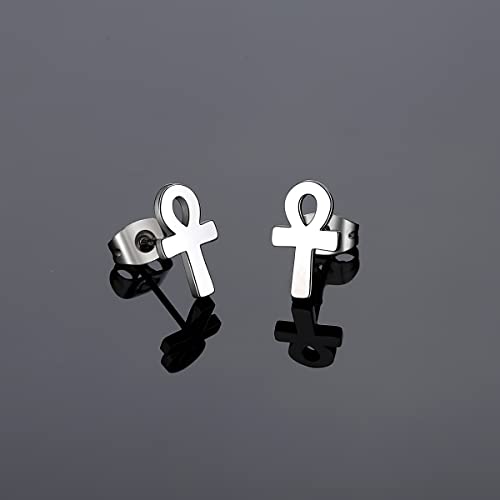 REVEMCN 925 Sterling Silver and Stainless Steel Cross Stud Earrings for Women Men, 3 Pairs - color: White Ankh Earrings
