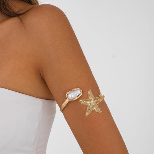 Gold Arm Cuff for Women,Arm Cuff Upper Arm Bracelet Jewelry Minimalist Armband ArmCuffs Bangle Bracelets Summer Beach Accessories - color: Gold Starfish Pearl