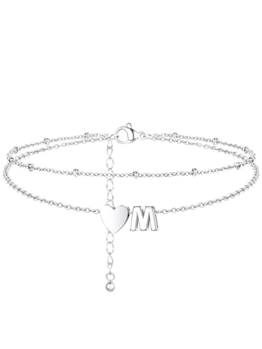 Silvora Ankle Bracelets for Women Waterproof 14K Gold/Silver/Black Initial Anklet for Women Dainty Layered Heart Ankle Bracelets Stainless Steel Adjustable Foot Chain Anklet Summer Beach Jewelry - color: M-Silver