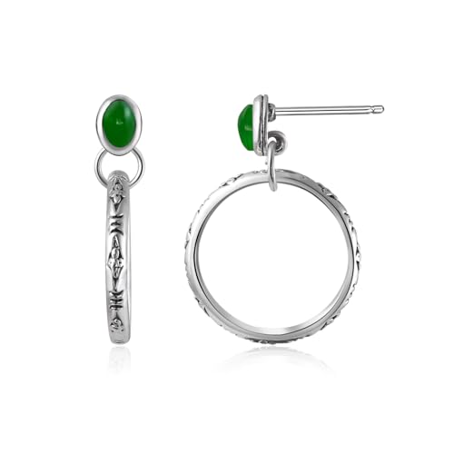 Natural Turquoise Gemstone Birthstone Stud Earrings with Circle Dangle Hoop Earrings Boho style for Vintage Western Jewelry - color: Silver and Green