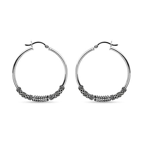 LeCalla 925 Sterling Silver Large Hoop Earrings | Lightweight Antique Bali Hoops | Two-Tone Bohemian Oxidized Balinese Earrings for Women - color: Oversized Bead Bali-60mm