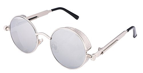 FEISEDY Retro Gothic Steampunk Sunglasses Round Metal Frame Punk Circle Inspired Shade Men B1857 - color: Silver/Silver