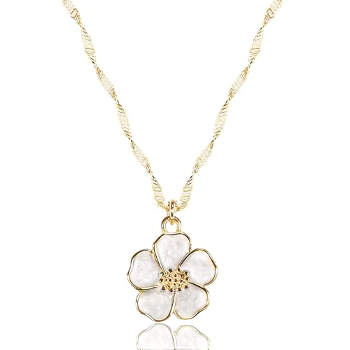 Gold Necklace for Women, Dainty White Enamel Sakura Flower Cherry Blossom Pendant, 18K Gold Plated Sparkly Jewelry Gifts for Her