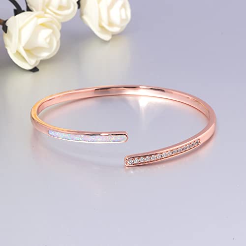CiNily Womens Cuff Bracelet,Opal Bangle Bracelets Gold Plated Hypoallergenic Ladies Gemstone Open Cuff Bangle Bracelet - color: a.Thin CZ Opal-Rose Gold