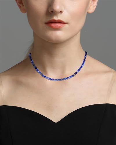 Simple Choker Necklace for Women Real Stone and Crystals Necklaces 4mm Beaded Choker Jewelry Meditation Gift for Women (16"+2") - style: Lapis Lazuli