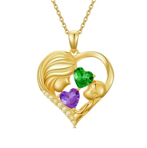 Mothers Day Gifts 14K Yellow Gold Mother Daughter Heart Pendant Necklace with 12 Months Birthstone Birthday Gifts for Mom Anniversarry Jewelry for Mom Wife Girlfriend - color: 02-05-Feb-May Birthstone