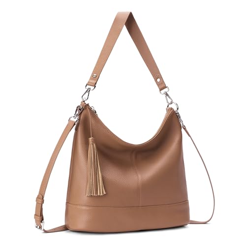 Genuine Leather Hobo Crossbody Bag for Women, Soft Real Leather Bucket, Shoulder Handbag Purse with 2 Removable Strap - color: Mocha