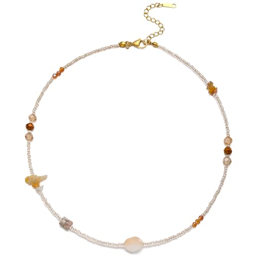 Beaded Necklaces for Women Summer Beach Beaded Necklace Bead Choker Boho Necklaces for Women Handmade Summer Jewelry Stainless Steel 18K Gold Plated - color: Champagne