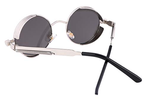 FEISEDY Retro Gothic Steampunk Sunglasses Round Metal Frame Punk Circle Inspired Shade Men B1857 - color: Silver/Blue