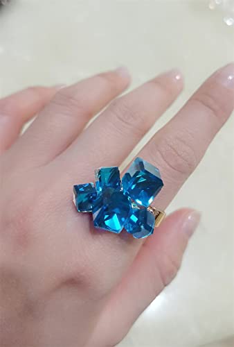 Hebelee Boho Square Crystal Statement Ring for Women Gold-Toned Adjustable Expandable Promise Engagement Geometric Rings Comfort Fit Elegant Art Deco Birthday Christmas Cocktail Party Y2K Jewelry - color: Light Blue