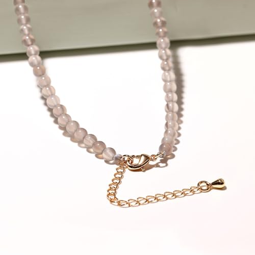 Simple Choker Necklace for Women Real Stone and Crystals Necklaces 4mm Beaded Choker Jewelry Meditation Gift for Women (16"+2") - style: Grey Agate