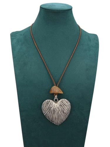 Kelake Leather Necklace for Women Men Teen Vinatge Boho Alloy Pendant Choker Jewelry Fashion Sweater Necklaces with Adjustable Genuine Leather Chain - color: Brown Jade Silver Heart Pendant Necklace