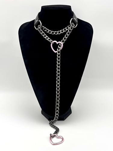 Black Leather Choker Collar For Women, Handmade Heart Slip Chain Choker Long Necklace with Adjustable Buckle - color: B-Black-Black-Pink, size: 24''chain