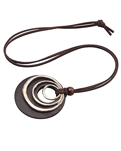 GelConnie Leather Cord Necklace Chain Multilayer Wooden Pendant Necklaces Vintage Jewelry Boho Long Sweater Necklace for Women Men - color: 3 circles Brown Necklace
